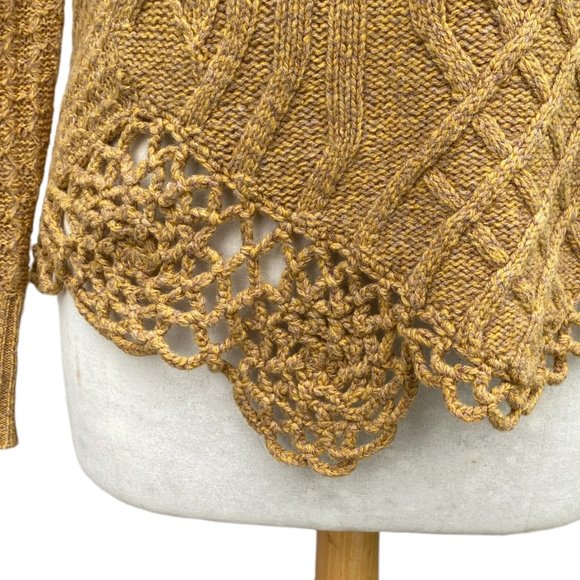Moth Wool Cable Knit Crochet Asymmetrical Hem Sweater Mustard Artsy Rosette-S - Picture 5 of 16
